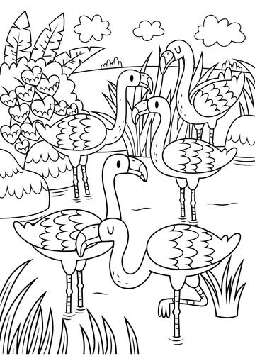 Ausmalbild Große Flamingo-Familie