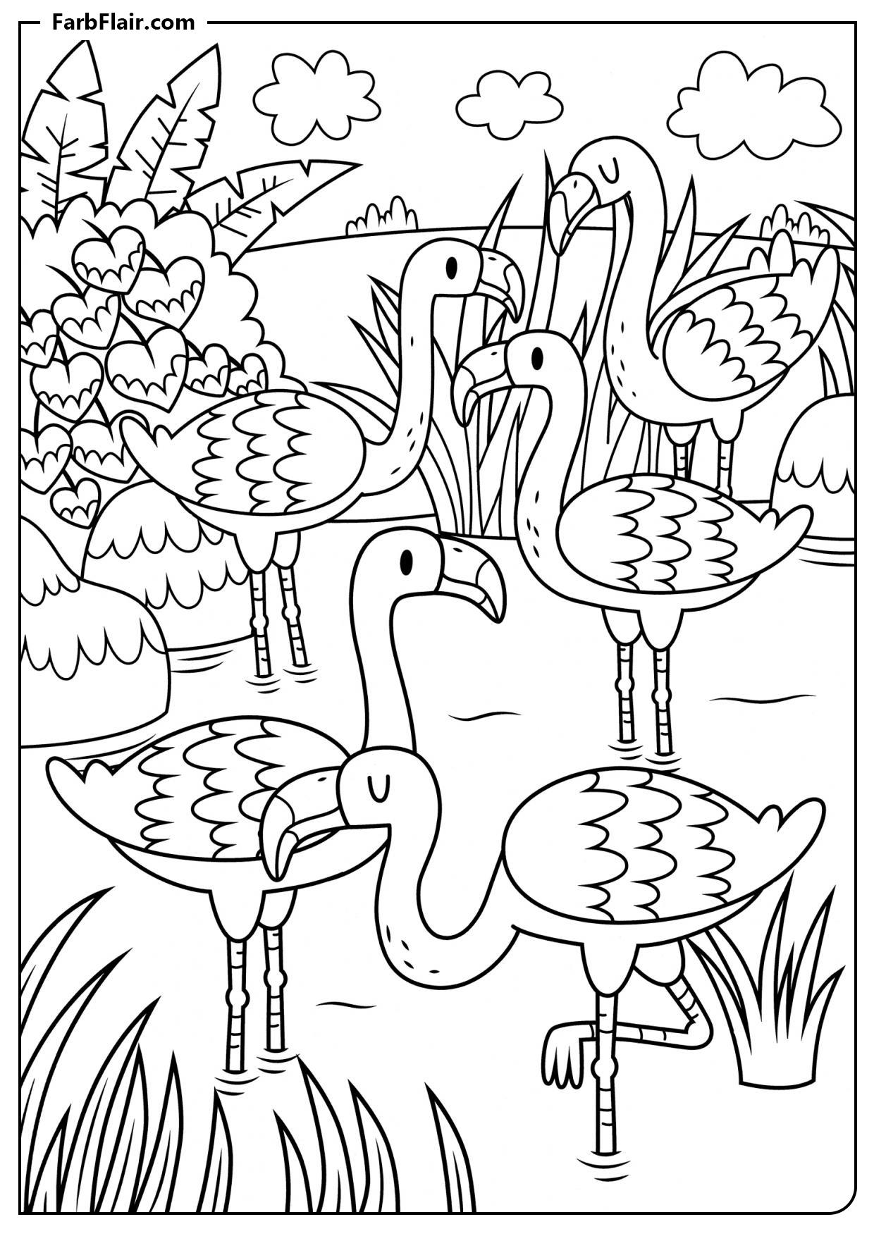 Ausmalbild Große Flamingo-Familie Kostenloses