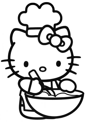 Ausmalbild Hello Kitty macht Teig