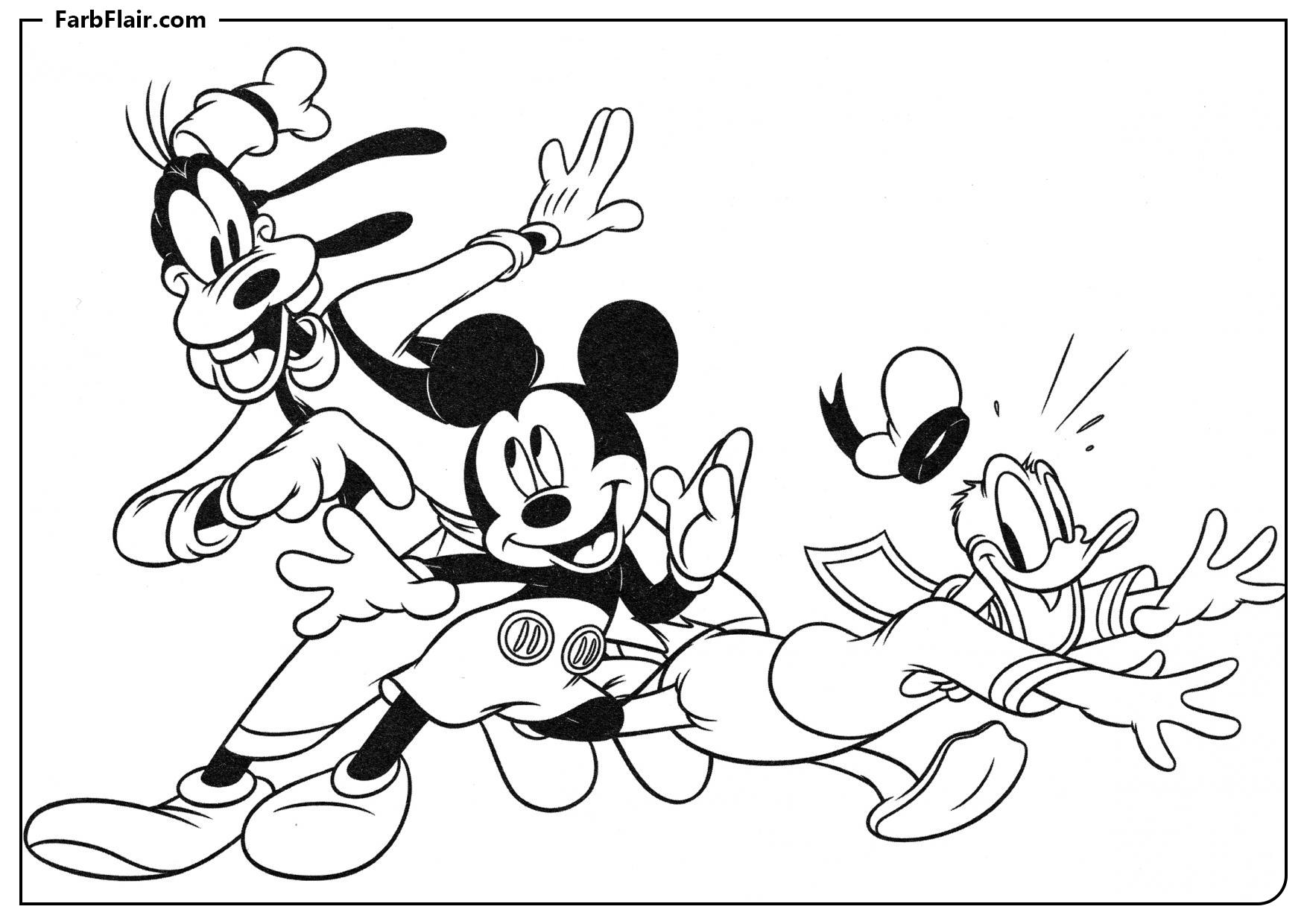 Ausmalbild Mickey, Donald und Goofy Kostenloses