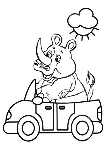 Ausmalbild Nashorn fährt Auto