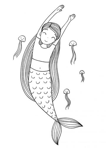 Ausmalbild Niedliche Meerjungfrau mit Quallen