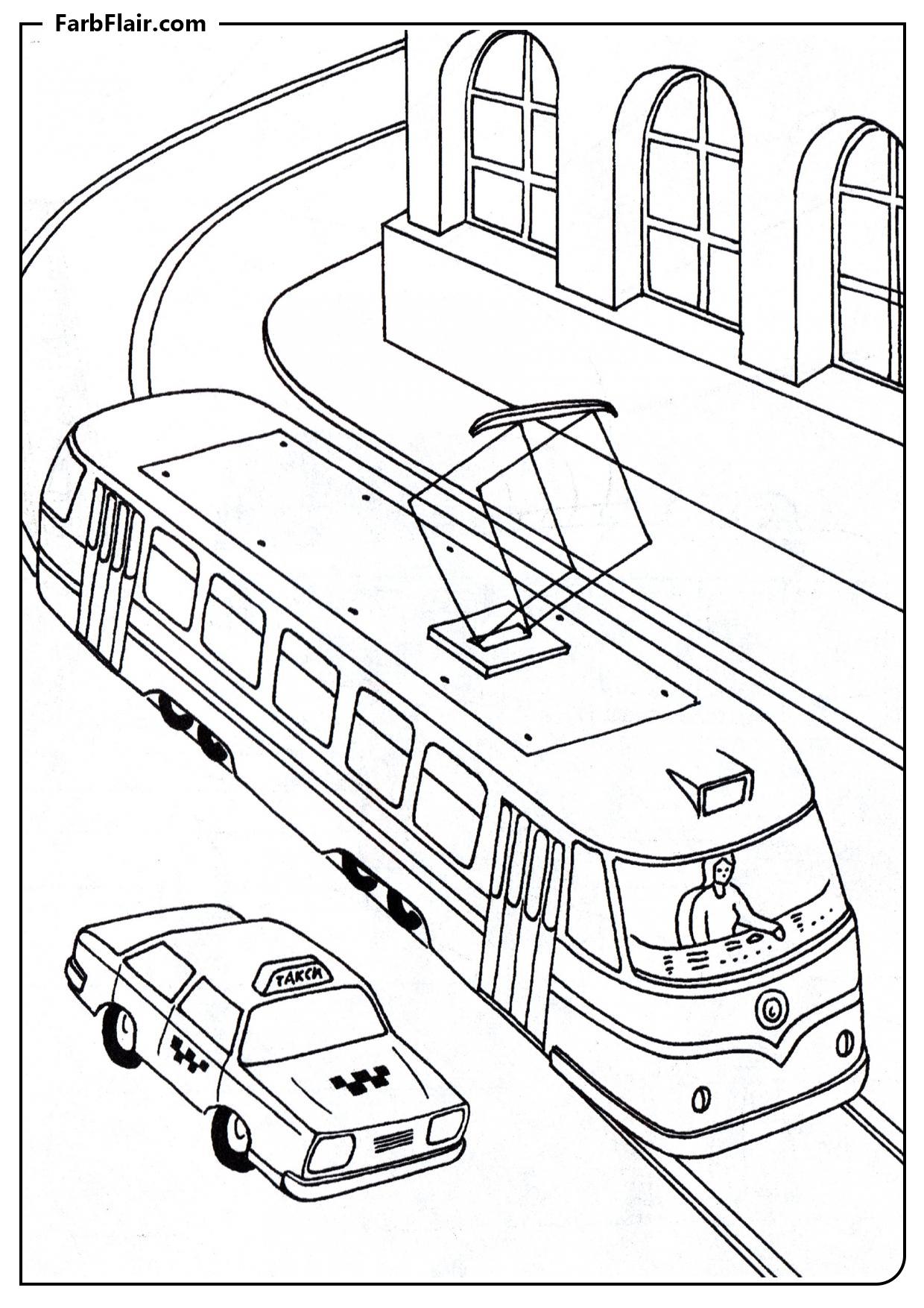 Ausmalbild Straßenbahn und Taxi an der Ampel Kostenloses