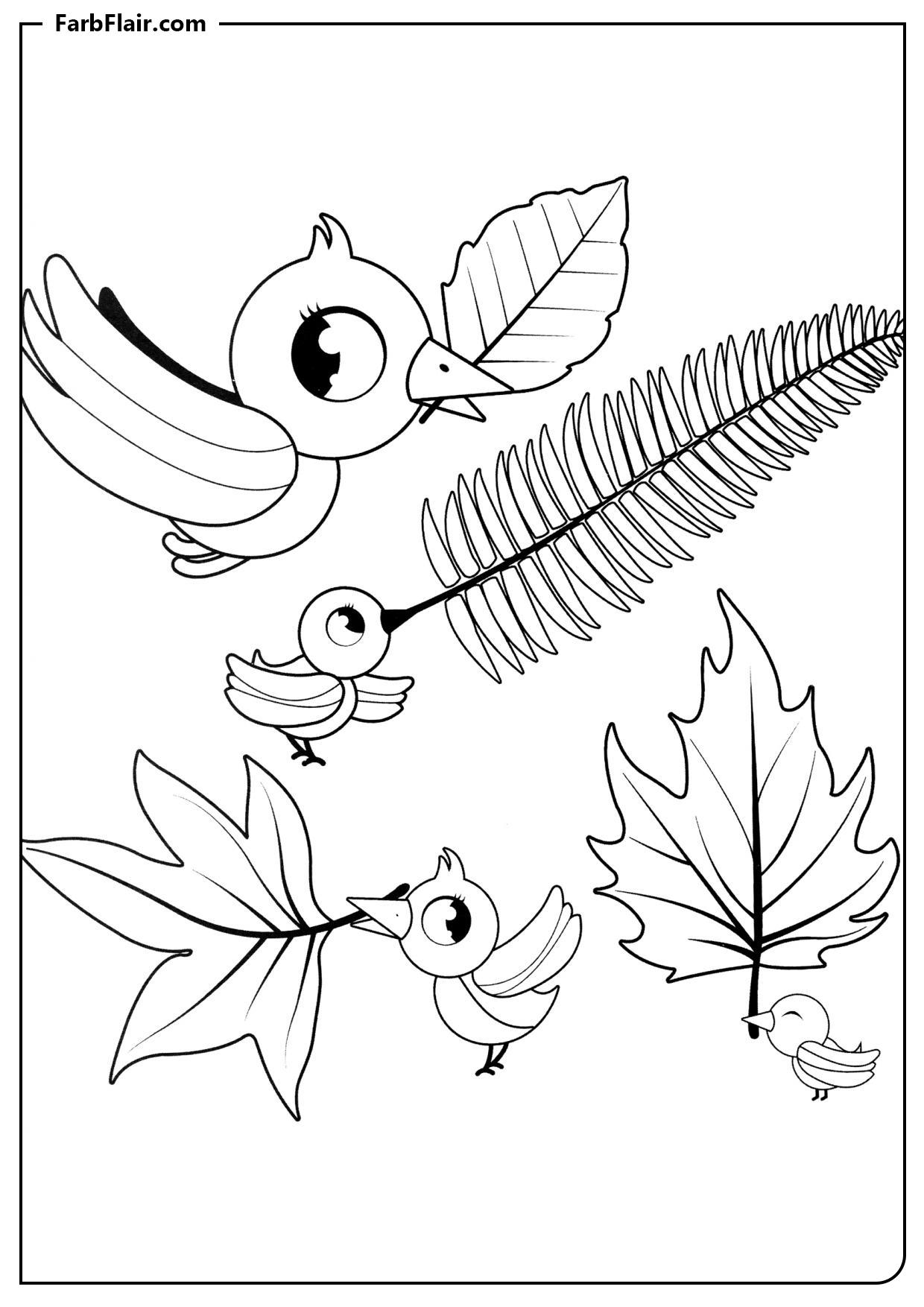 Ausmalbild Vögel und verschiedene Blätter Kostenloses