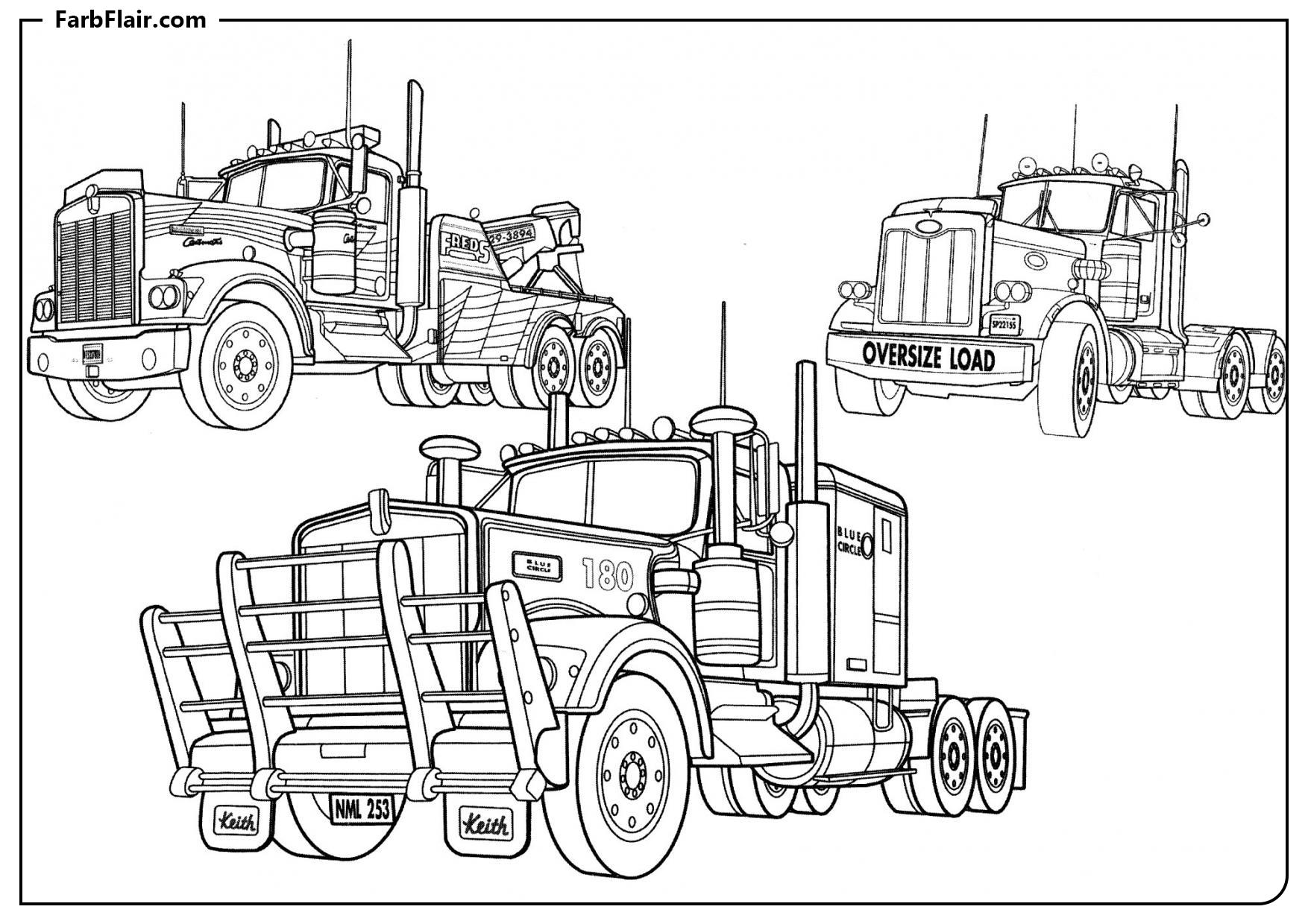 Ausmalbild Drei amerikanische Lastwagen Kostenloses