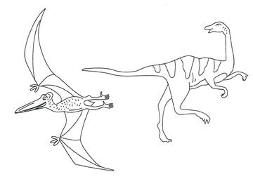 Ausmalbild Gallimimus und Pterodactyl