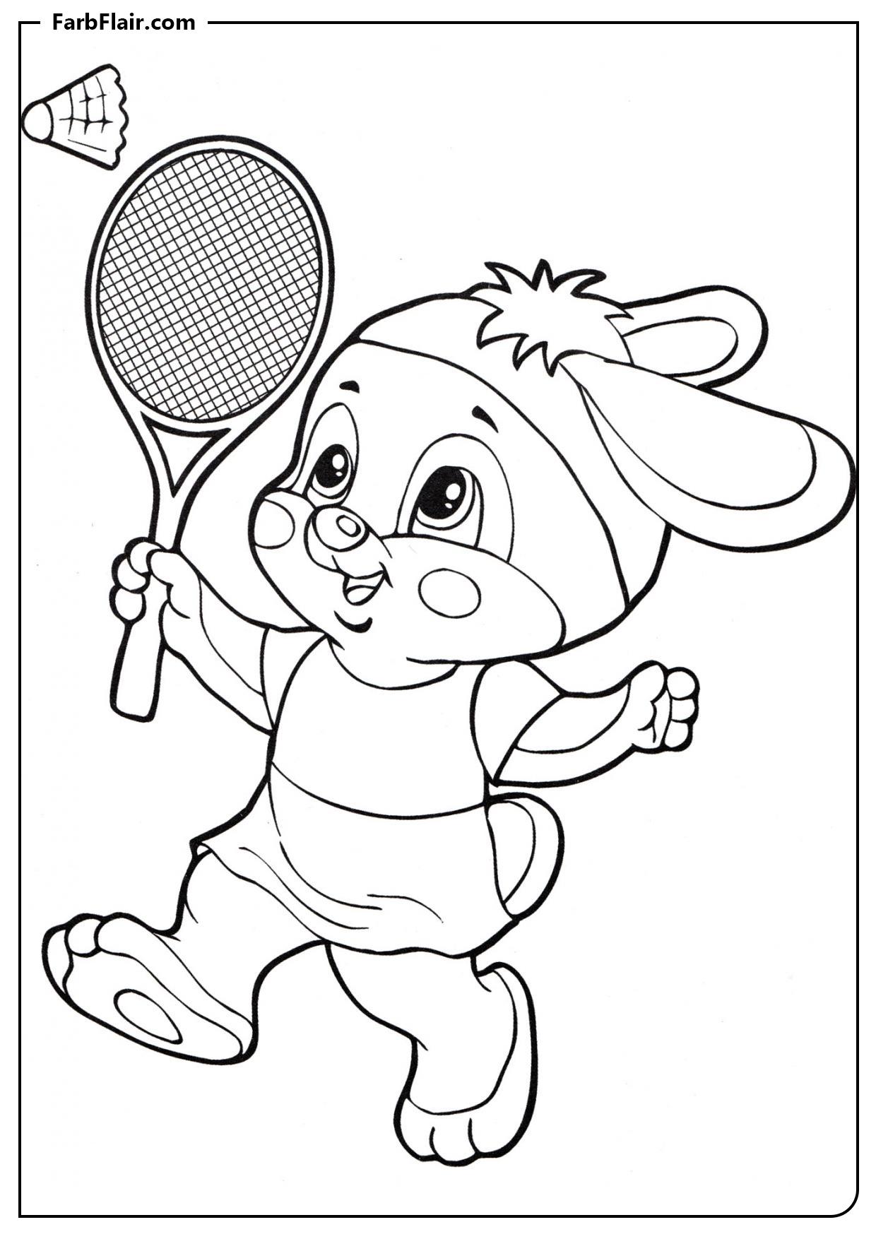 Ausmalbild Hase spielt Badminton Kostenloses