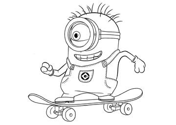 Ausmalbild Minion auf dem Skateboard
