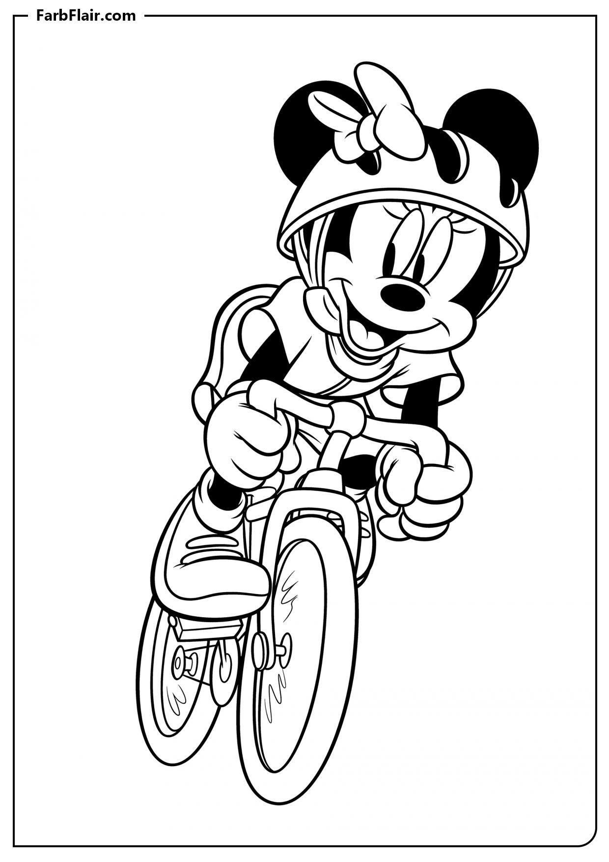 Ausmalbild Minnie fährt mit dem Fahrrad Kostenloses