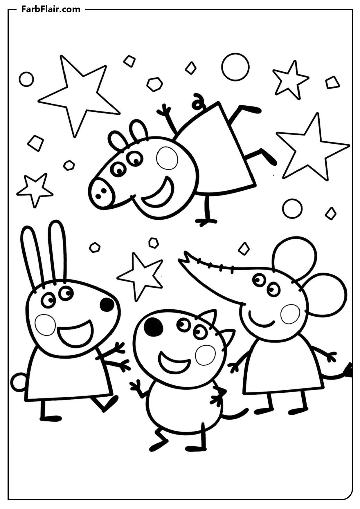 Ausmalbild Peppa Pig mit Freunden Kostenloses