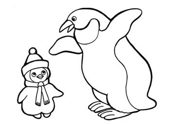 Ausmalbild Pinguinbaby hört auf Mama