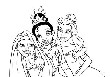 Ausmalbild Schüchterne Tiana, Rapunzel und Belle