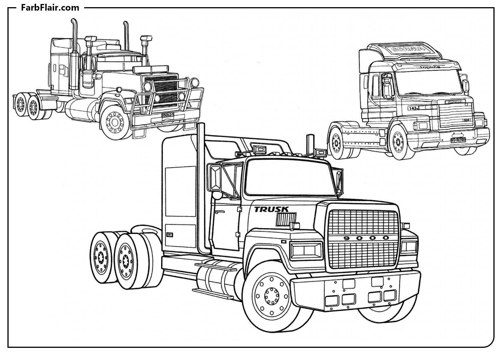 Ausmalbild Drei große Lastwagen Kostenloses