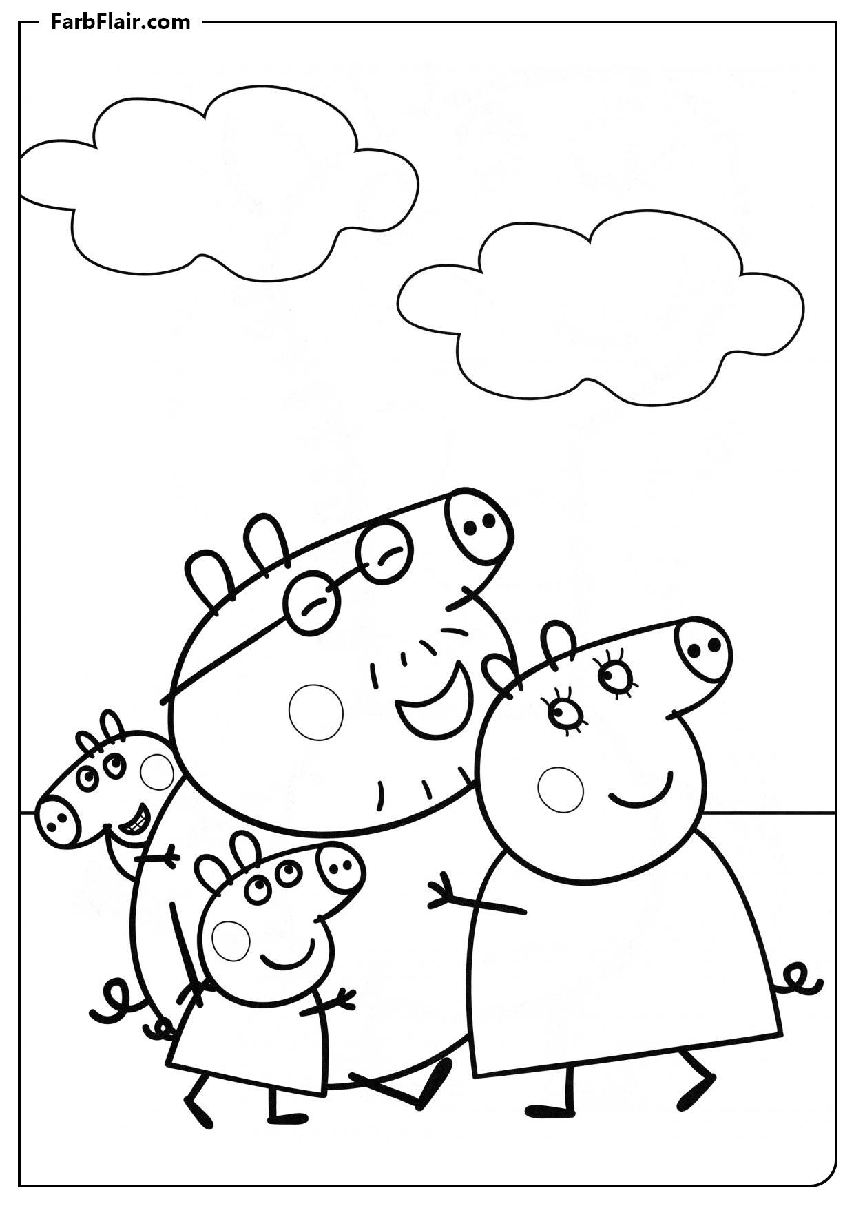 Ausmalbild Glückliche Familie von Peppa Pig Kostenloses