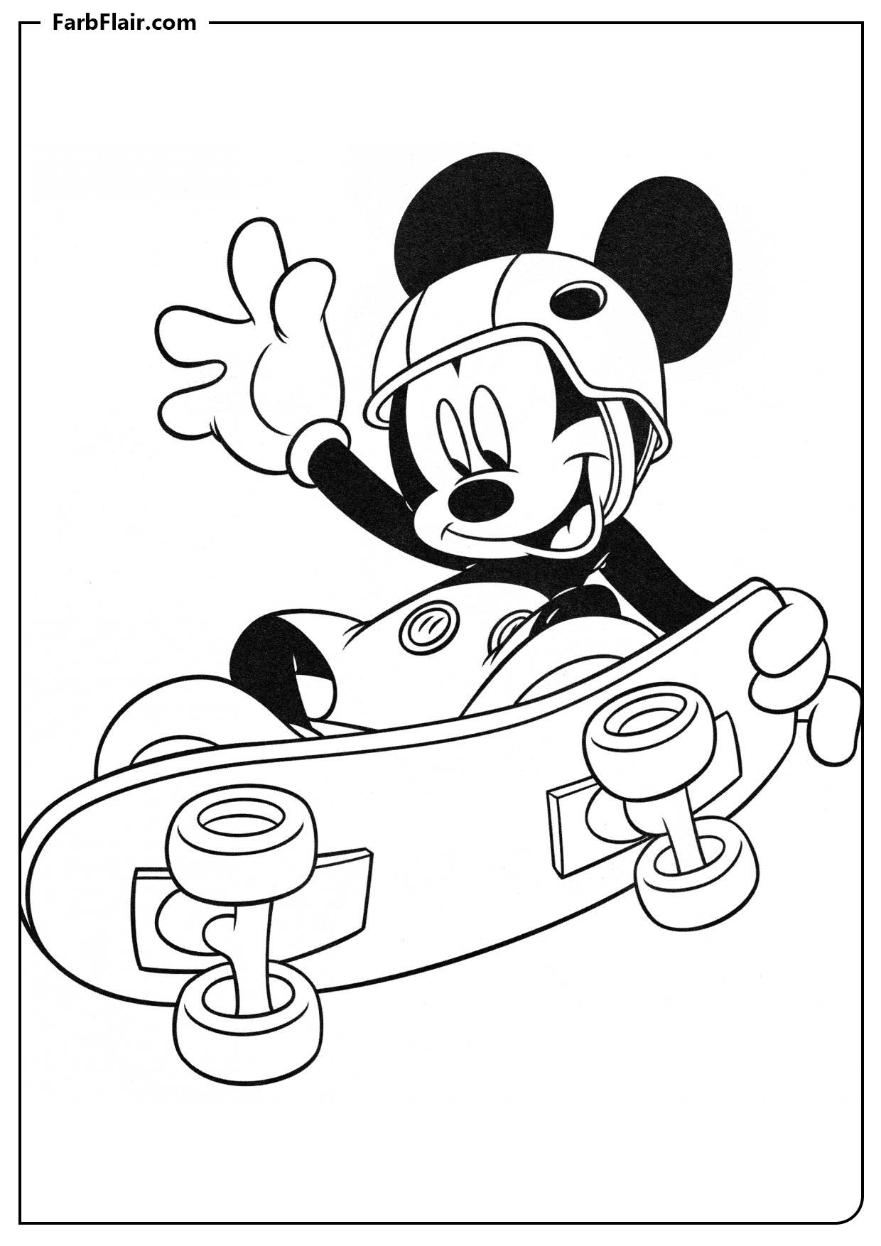 Ausmalbild Mickey Mouse auf dem Skateboard Kostenloses