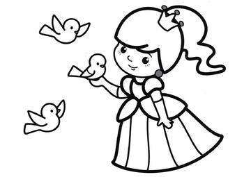 Ausmalbild Prinzessin und Vögel
