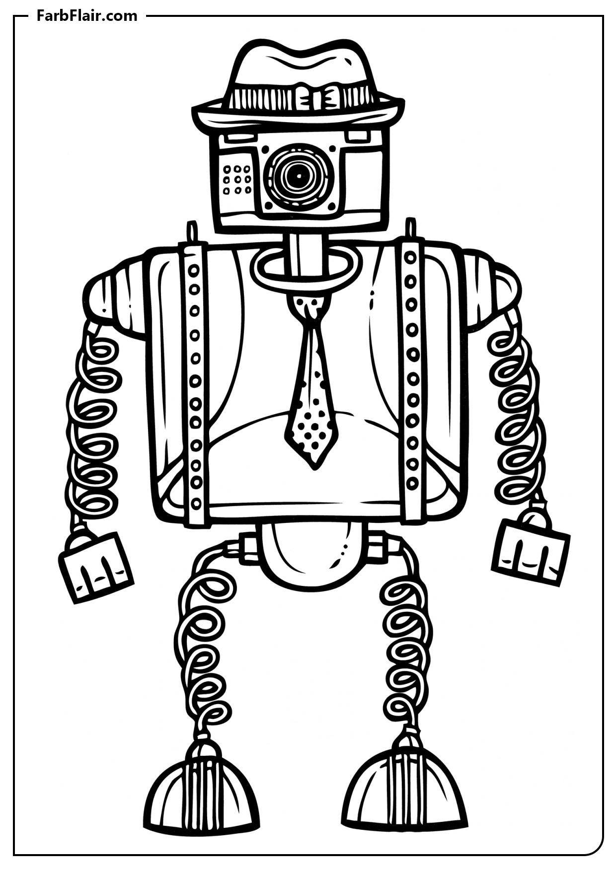 Ausmalbild Roboter in Hut und Krawatte Kostenloses