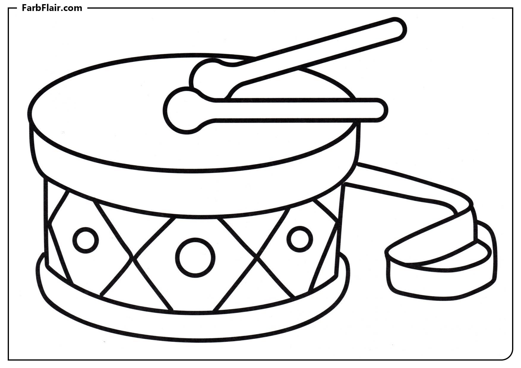Ausmalbild Trommel mit Stöcken Kostenloses