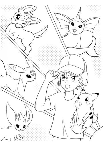 Ausmalbild Ash mit seinen Pokémon