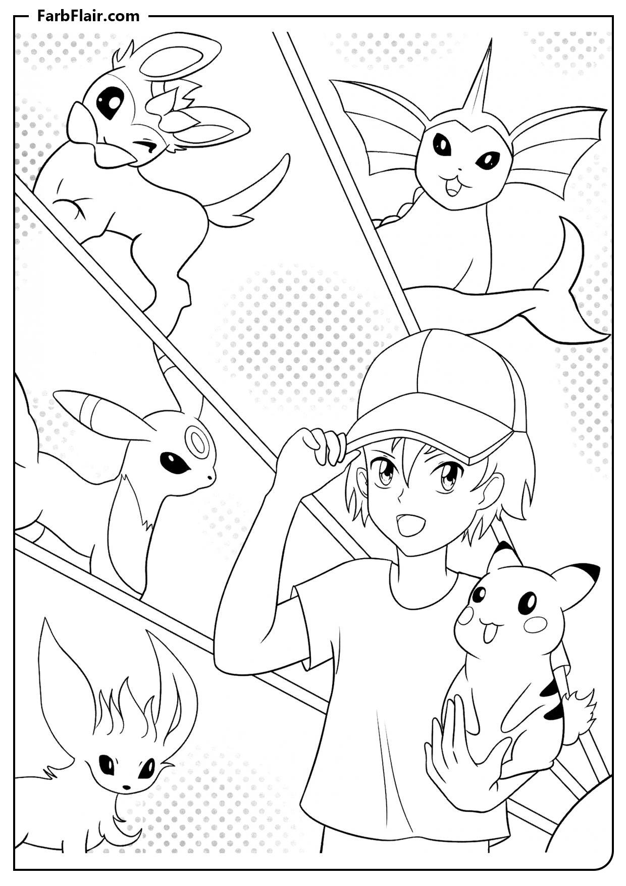 Ausmalbild Ash mit seinen Pokémon Kostenloses