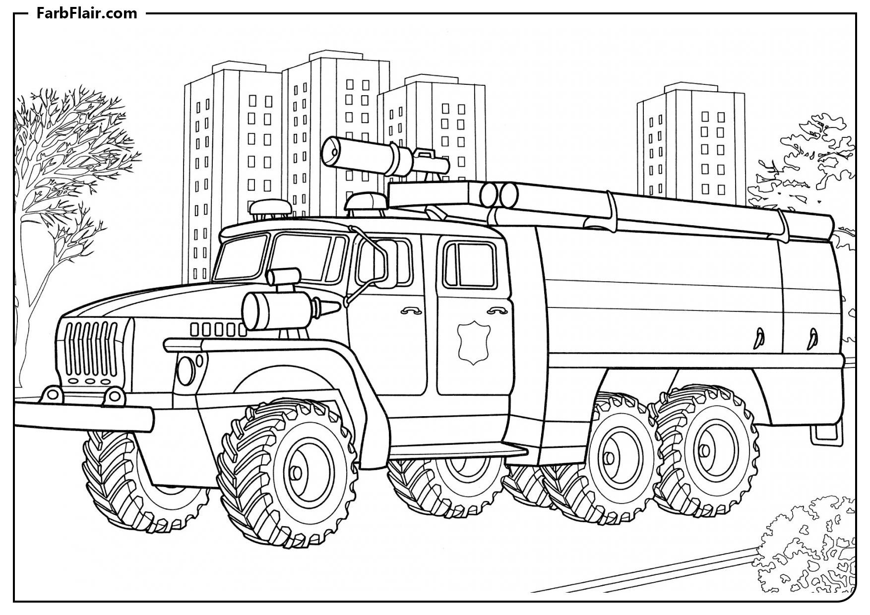 Ausmalbild Feuerwehrfahrzeug URAL Kostenloses