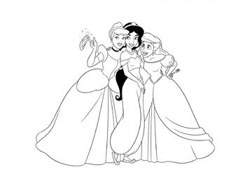 Ausmalbild Glückliche Jasmin, Cinderella und Ariel