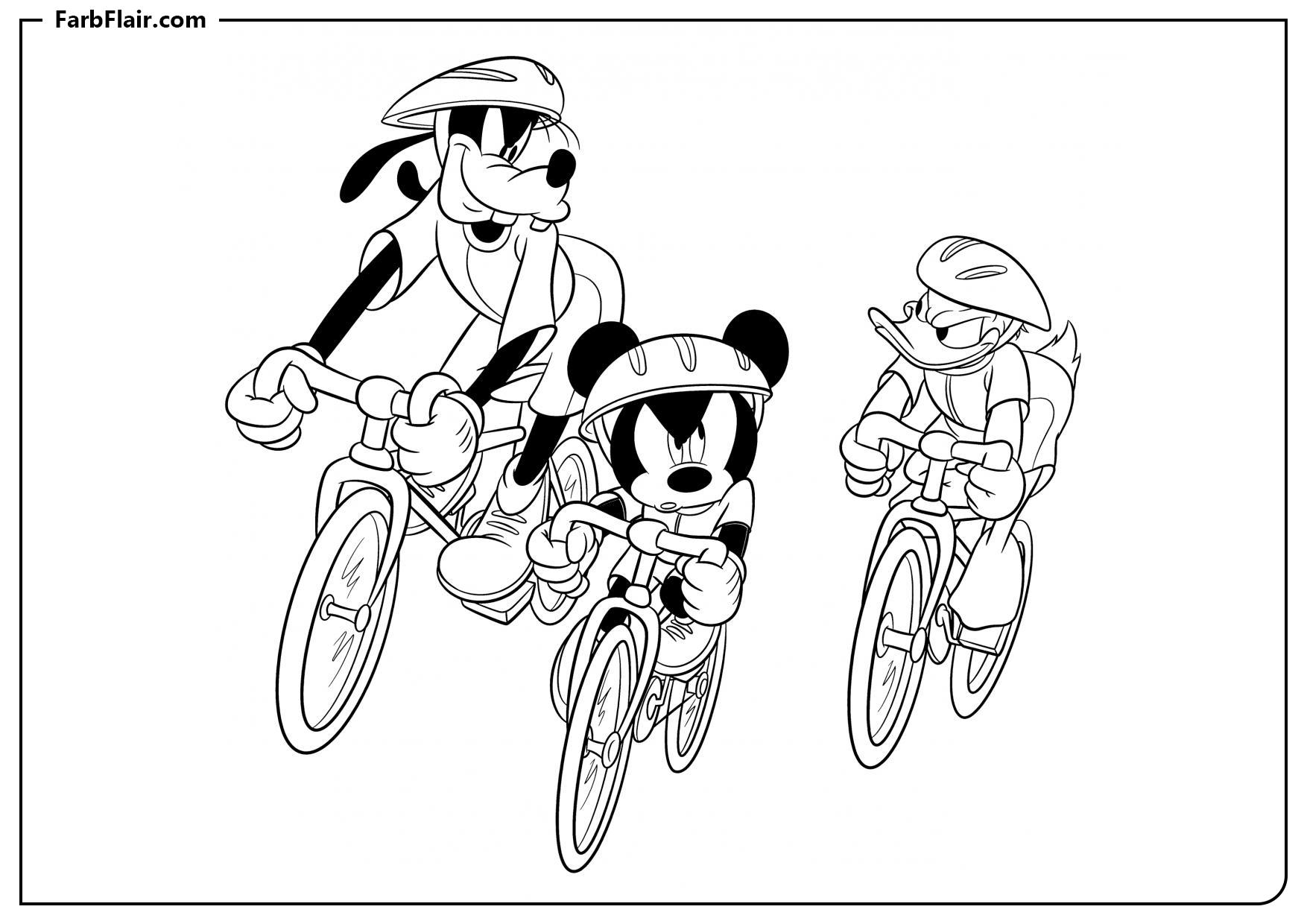 Ausmalbild Mickey nimmt an einem Fahrradrennen teil Kostenloses