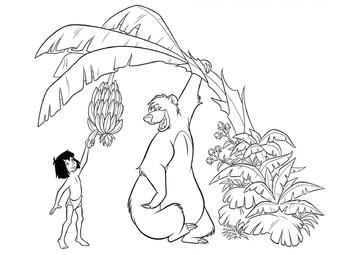 Ausmalbild Mowgli und Balu sammeln Bananen