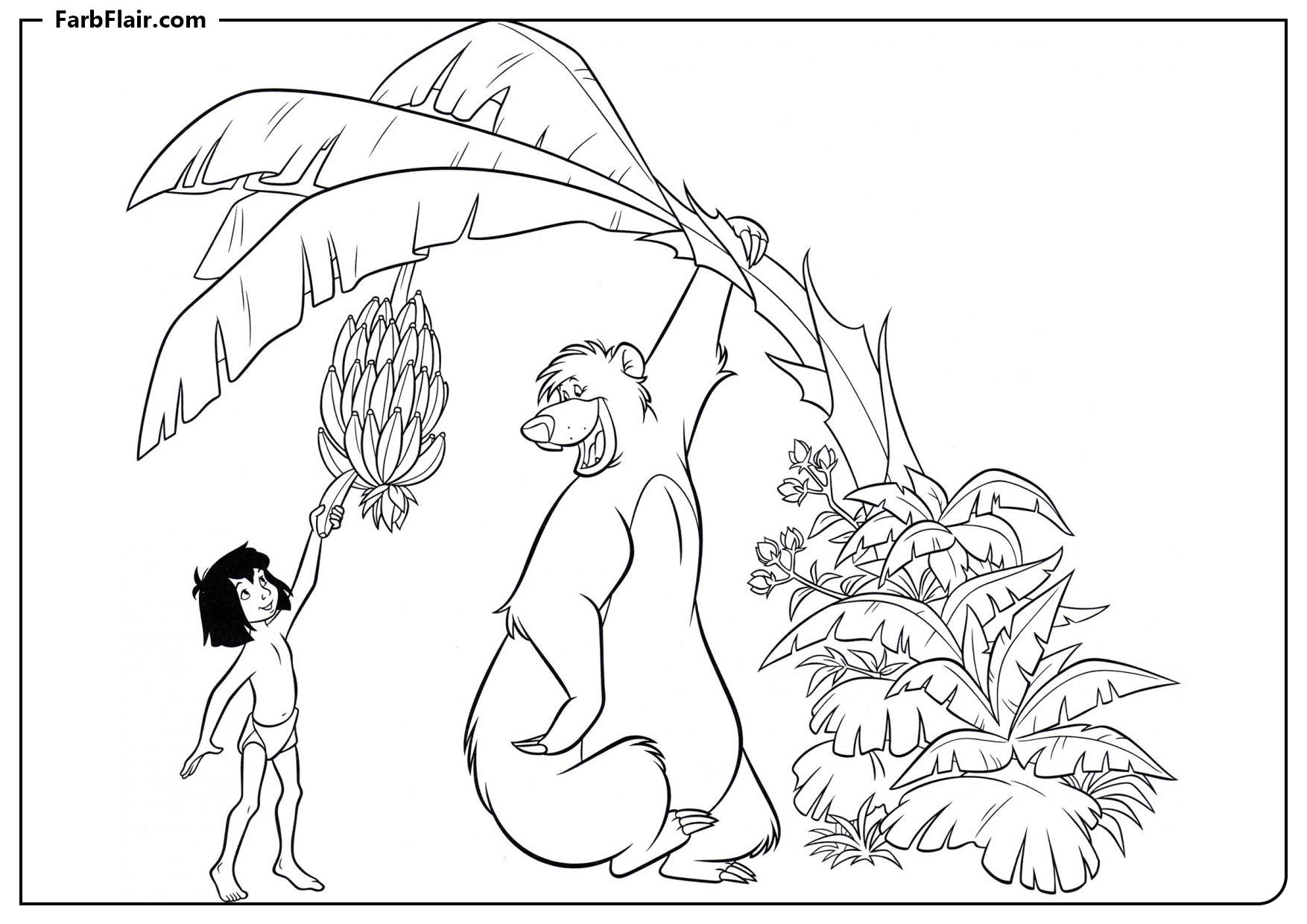 Ausmalbild Mowgli und Balu sammeln Bananen Kostenloses