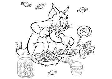 Ausmalbild Tom und Jerry essen Süßigkeiten