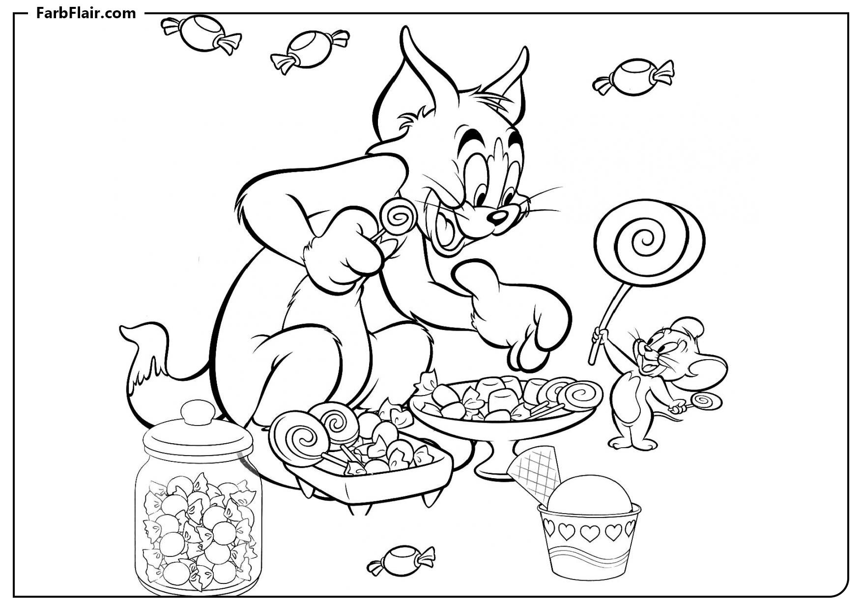 Ausmalbild Tom und Jerry essen Süßigkeiten Kostenloses