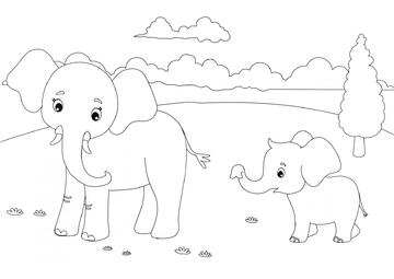 Ausmalbild Mama Elefant mit dem Elefantenbaby