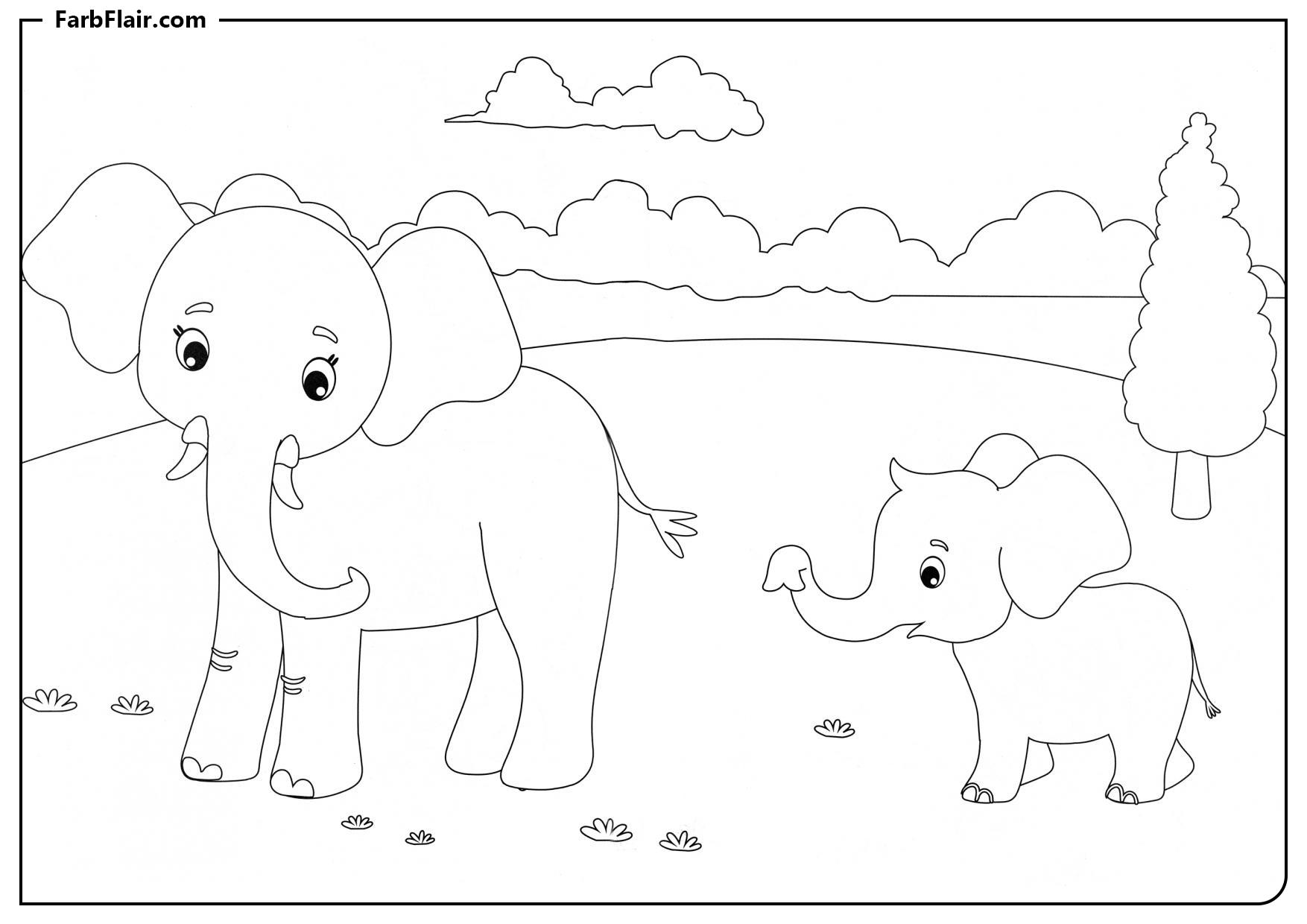 Ausmalbild Mama Elefant mit dem Elefantenbaby Kostenloses